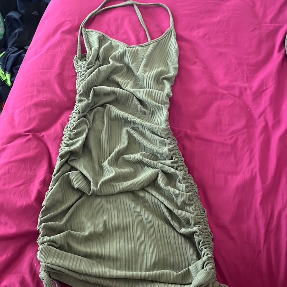 Army green body on dress with strings to adjust length